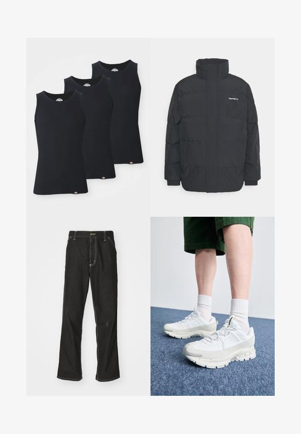 Fekete puffKabát magas nyakkal, cipzáros előlappal és rugalmas mandzsettával. Tartalmaz egy zsebet és egy kis logót a mellkason. Texturált felület.; Fekete bordás ujjatlan topok három darabos csomagban. Kerek nyakkivágással és ujjatlan fazonnal rendelkezik, az alján pedig egy kis logó található. Puha tapintású.; Fekete farmernadrág laza szabással, kontrasztos fehér varrással, gombos záródással és egyenes lábmegoldással.; Fehér sportcipők texturált burkolattal, vastag talppal és szürke részletekkel. Fehér sportzoknival és zöld rövidnadrággal viselve, kék felületen.