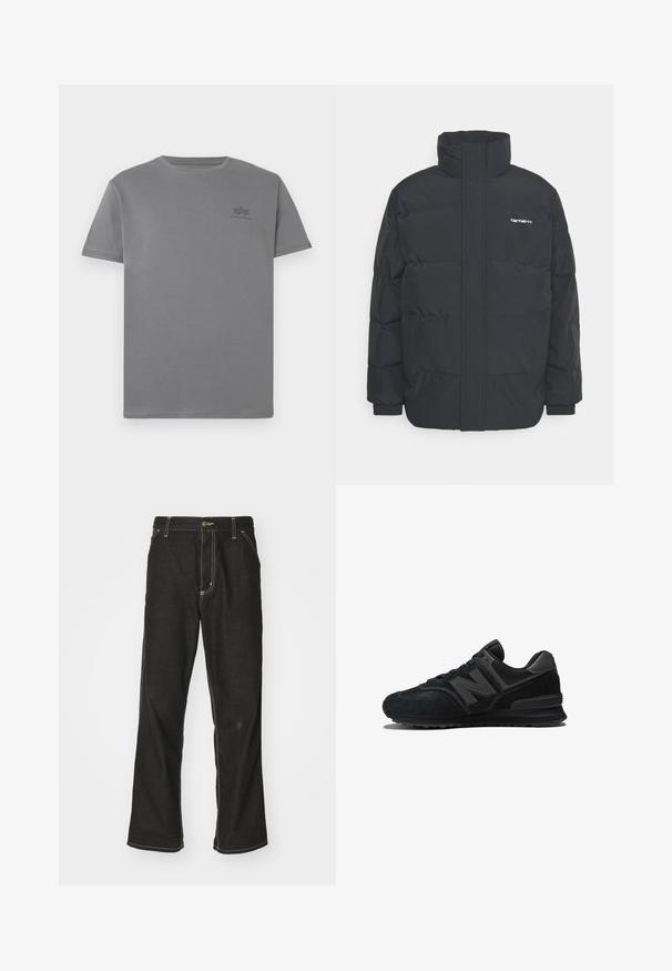 Svart pufferjacka med hög krage, dragkedja framtill och elastiska muddar. Har en ficka och en liten logotyp på bröstet. Texturerad yta.; Grå t-shirt i bomull med rund halsringning och korta ärmar. Har en liten svart logotyp på vänster bröstområde. Slät textur.; Svarta denimjeans med en lös passform, med kontrasterande vita sömmar, knäppning och raka ben.; Svart sneaker med ovandel i mocka och mesh, tjock sula och framträdande 'N'-logotyp på sidan. Texturerad design med snörning.
