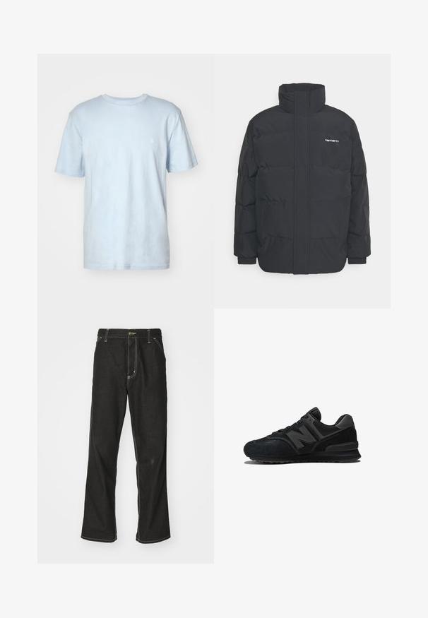 Black puffer jacket with a high collar, zip front, and elastic cuffs. Features a pocket and a small logo on the chest. Textured surface.; Light blue cotton t-shirt with a crew neckline, short sleeves, and a small white logo embroidered on the left chest.; Black denim jeans with a loose fit, featuring contrasting white stitching, a button closure, and a straight leg design.; Black sneaker featuring a suede and mesh upper, thick sole, and prominent 'N' logo on the side. Textured design with lace closure.