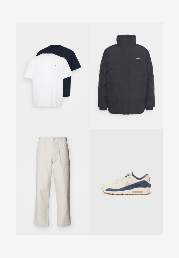 Fekete puffKabát magas nyakkal, cipzáros előlappal és rugalmas mandzsettával. Tartalmaz egy zsebet és egy kis logót a mellkason. Texturált felület.; Két póló: az egyik fehér, kis kék logóval, a másik tengerészkék, azzal összhangban lévő logóval. Mindkettő pamutból készült, környakú és rövid ujjú.; Világos bézs, bő szárú nadrág, pamutból készült. Elöl zsebekkel és gombos záródással rendelkezik. Simított textúrájú, finom függőleges csíkokkal.; Tejszínbőr és tengerészkék velúr felsőrésszel rendelkező sporty cipők, látható légsóléval, bézs gumitalppal és piros részlettel a saroknál.