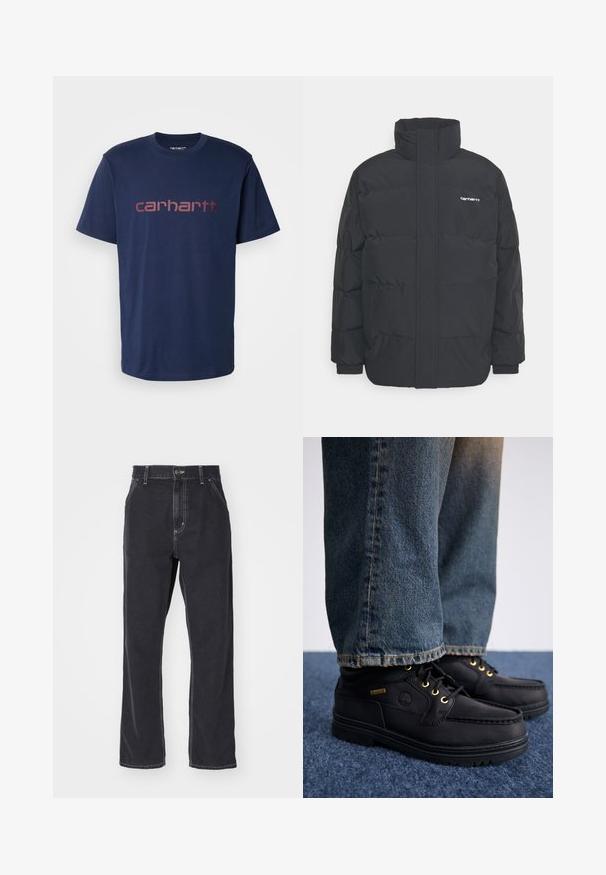 Zwarte pufferjas met een hoge kraag, rits aan de voorkant en elastische manchetten. Bevat een zak en een klein logo op de borst. Getextureerd oppervlak.; Carhartt WIP SCRIPT - T-shirt print - air force blue/malbec; Zwarte denim jeans met een recht gesneden pijp, voorzien van een ritssluiting, vijf zakken en contrasterende stiksels langs de naden.; Zwarte leren schoenen met gouden oogjes en een gestructureerde afwerking, gecombineerd met blauwe spijkerbroeken. De schoenen hebben een gelaagde zool en een merkteken.