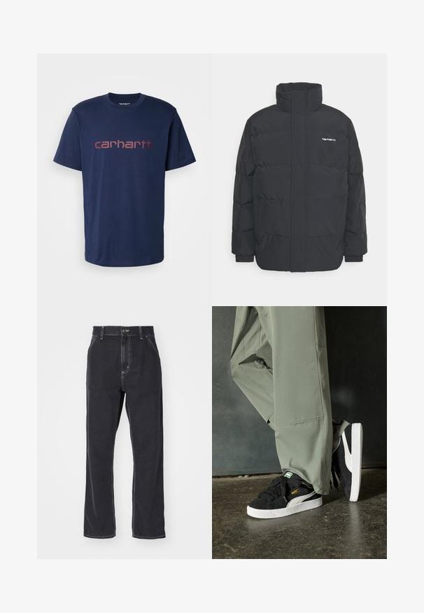 Black puffer jacket with a high collar, zip front, and elastic cuffs. Features a pocket and a small logo on the chest. Textured surface.; Carhartt WIP SCRIPT - Print T-shirt - air force blue/malbec; Black denim jeans with a straight-leg cut, featuring a zipper fly, five pockets, and contrast stitching along the seams.; Black suede sneakers with white rubber soles and side stripes, paired with light green cargo pants, standing on a textured dark surface.