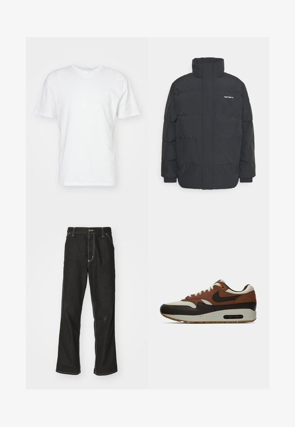 Sort pufferjakke med høj krave, lynlås foran og elastiske manchetter. Har en lomme og et lille logo på brystet. Tekstureret overflade.; Hvid bomulds T-shirt med korte ærmer, rund halsudskæring og en glat tekstur. Enkel design uden mønstre eller grafik.; Sorte denimjeans med løs pasform, der har kontrasterende hvid syning, en knaplukning og et lige ben-design.; Brune, creme og sorte Nike Air Max sneakers med synlig luftdæmpersål og snørebåndsdesign, vist i sidelayout på en hvid baggrund.