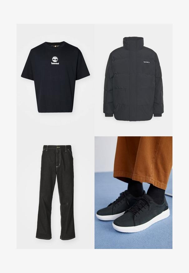 Juodas pūkinis švarkas su aukšta apykakle, užtrauktuku priekyje ir elastingomis rankovėmis. Yra kišenė ir mažas logotipas ant krūtinės. Tekstūruotas paviršius.; Juodas medvilninis marškinėliai su laisvu siluetu, apvali iškirptė, trumpomis rankovėmis ir baltu Timberland logotipu, atspausdintu krūtinėje.; Juodi džinsai su laisvu siluetu, turintys kontrastingas balto siūlo siūles, mygtuko uždarymą ir tiesų kojos dizainą.; Juodi zomšiniai sneakeriai su baltais guminiais padais, su raištelių uždėjimo dizainu, tekstūruotais akcentais ir subtiliu prekių ženklu, derinami su rudomis kelnėmis.