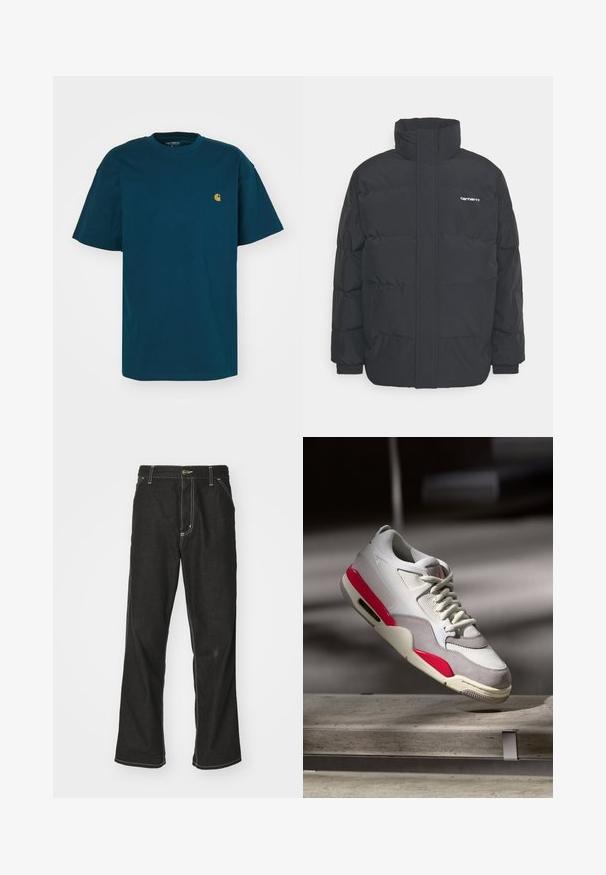 Zwarte pufferjas met een hoge kraag, rits aan de voorkant en elastische manchetten. Bevat een zak en een klein logo op de borst. Getextureerd oppervlak.; Carhartt WIP CHASE - T-shirt basic - duck blue/gold; Zwarte denim jeans met een losse pasvorm, voorzien van contrasterende witte stiksels, een knoopsluiting en een recht ontwerp.; Lichtgrijze en witte sneaker met roze accenten en gestructureerd mesh. Heeft een gestroomlijnd ontwerp en een rubberen zool met luchtkussentjes.