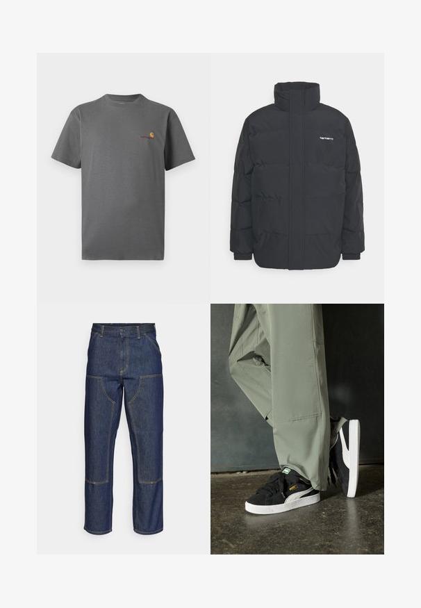 Musta puhvijaakku korkealla kauluksella, vetoketjukiinnitys edessä ja joustavat hihansuut. Varustettu taskulla ja pienellä logolla rintakehässä. Rakeinen pinta.; Harmaa lyhythihainen t-paita, joka on valmistettu puuvillasta; rinnassa on hienovarainen oranssi ja viininpunainen logo. Perus pyöreä kaula-aukko.; Tummansiniset farkut, joissa on korkea vyötärö, suora lahje, eriväriset ompeleet ja etupuolella pakki-taskut.; Mustat mokkakengät, joissa on valkoiset kumipohjat ja sivuraitoja, yhdistettynä vaaleanvihreisiin cargo-housuihin, seisoen tummalla teksturoidulla pinnalla.