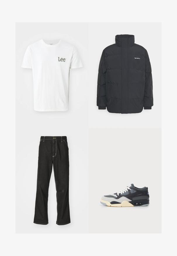 Crna puffer jakna s visokim ovratnikom, prednjim zatvaračem i elastičnim manžetama. Ima džep i mali logo na prsima. Teksturalna površina.; Bijela pamučna majica s malim zelenim "Lee" logom na lijevoj strani prsnog dijela. Klasični okrugli izrez i kratki rukavi, glatka tekstura.; Crne traperice s opuštenim krojem, s kontrastnim bijelim šavovima, zakovicom za zatvaranje i ravnim nogavicama.; Tenisice s gornjim dijelom od miješanih materijala u sivoj i mornarskoj plavoj boji, s mekanim potplatom, bijelim vezicama i plavim logotipom na peti.