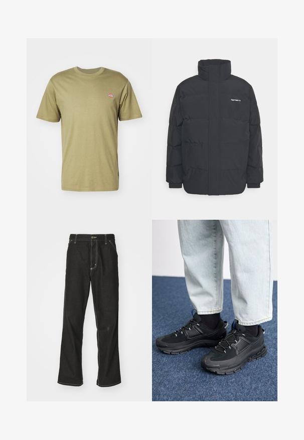 Giacca puffa nera con colletto alto, chiusura con zip frontale e polsini elastici. Presenta una tasca e un piccolo logo sul petto. Superficie testurizzata.; T-shirt in cotone verde oliva con maniche corte, colletto a giro e piccolo logo colorato sul petto sinistro. Design semplice e classico.; Jeans in denim nero con una vestibilità ampia, caratterizzati da cuciture bianche a contrasto, chiusura a bottone e un design a gamba dritta.; Scarpe sportive nere con tessuto testurizzato e suole in gomma, dotate di lacci elastici e un accento blu sul tallone. Indossate con pantaloni in denim chiaro.