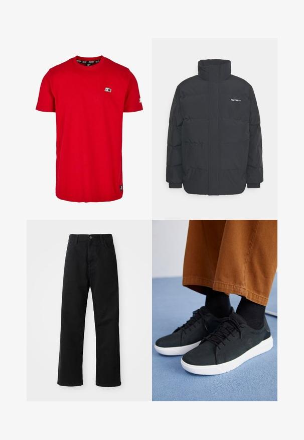 Jachetă puf black cu un guler înalt, închidere cu fermoar frontal și manșete elastice. Are un buzunar și un mic logo pe piept. Suprafață texturată.; Tricou roșu din bumbac, cu guler la baza gâtului, mâneci scurte și un mic logo negru pe pieptul stâng și pe mânecă. Material neted, de culoare solidă.; Pantaloni din denim negri cu croi drept, având buzunare frontale, fermoar și un singur buton la partea superioară. Țesătură texturată cu un finisaj mat.; Adidași negri din suede cu talpă din cauciuc albă, cu un design cu șireturi, accente texturate și branding subtil, asortați cu pantaloni maro.