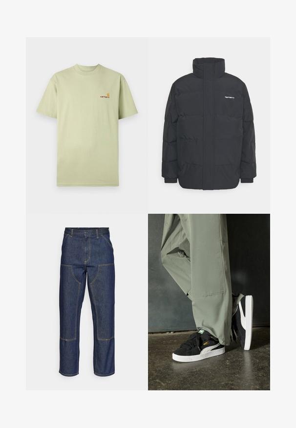 Chaqueta de plumas negra con cuello alto, cierre de cremallera frontal y puños elásticos. Cuenta con un bolsillo y un pequeño logo en el pecho. Superficie texturizada.; Camiseta de algodón verde claro con mangas cortas y cuello redondo. Presenta un pequeño logo en naranja y rojo en la parte superior izquierda del pecho.; Jeans de mezclilla azul oscuro con cintura alta, diseño de pierna recta, costuras contrastantes y bolsillos de parche en la parte delantera.; Zapatillas de ante negras con suelas de goma blancas y rayas laterales, combinadas con pantalones cargo verde claro, de pie sobre una superficie oscura texturizada.