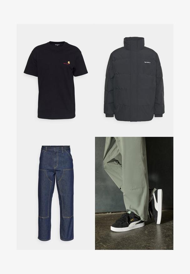 Chaqueta de plumas negra con cuello alto, cierre de cremallera frontal y puños elásticos. Cuenta con un bolsillo y un pequeño logo en el pecho. Superficie texturizada.; Camiseta de algodón negra con mangas cortas, cuello redondo y un pequeño logo colorido en el lado izquierdo del pecho. Corte clásico con una textura suave.; Jeans de mezclilla azul oscuro con cintura alta, diseño de pierna recta, costuras contrastantes y bolsillos de parche en la parte delantera.; Zapatillas de ante negras con suelas de goma blancas y rayas laterales, combinadas con pantalones cargo verde claro, de pie sobre una superficie oscura texturizada.