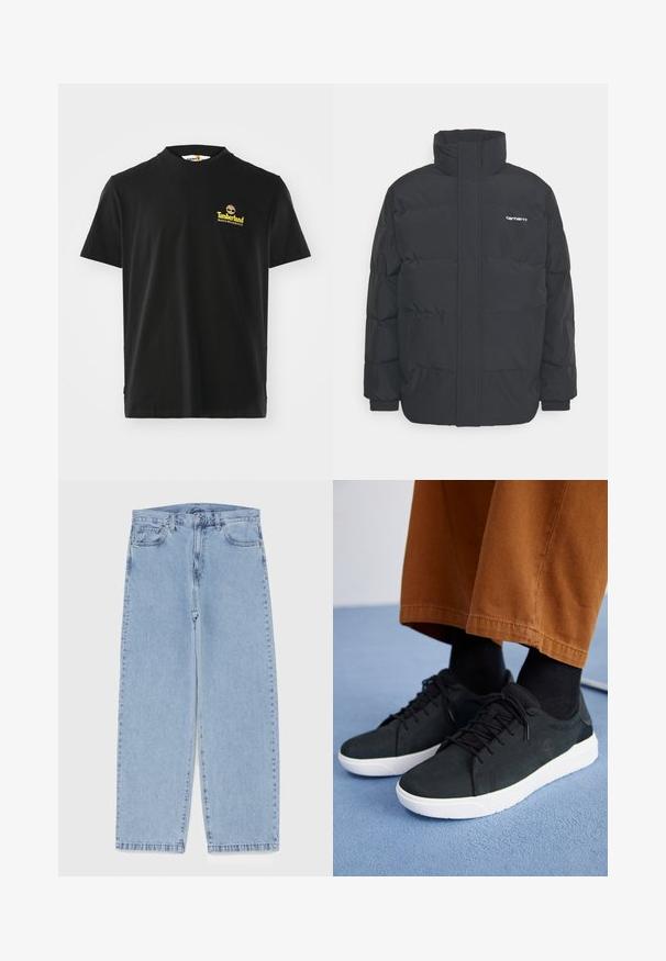 Melnā pūkainā jaka ar augstu apkakli, rāvējslēdzēja priekšpusi un elastīgām piedurknēm. Iespējama kabata un neliels logo uz krūtīm. Strukturēta virsma.; Melna kokvilnas T-krekls ar īsām piedurknēm, apaļu kakla izgriezumu, ar mazu dzeltenu Timberland logo uz krūtīm. Gluda tekstūra, ikdienišķs dizains.; Gai zila džinsu bikses ar taisnu kāju dizainu, kas piedāvā vidēju vidukļa augstumu, piecas kabatas un pogas un rāvējslēdzēja aizdari.; Melnas zamšādas kedas ar baltām gumijas zolēm, ar saistāmām auklām, tekstūrētām detaļām un diskrētu zīmolu, apvienotas ar brūniem biksēm.