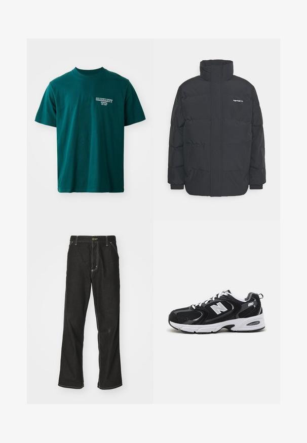 Casaco acolchoado preto com colarinho alto, fecho de correr à frente e punhos elásticos. Apresenta um bolso e um pequeno logótipo no peito. Superfície texturada.; T-shirt de algodão azul-petróleo com mangas curtas e gola redonda. Inclui o logo branco "Carhartt WIP" no lado esquerdo do peito. Design simples, corte reto.; Calças de ganga pretas de corte largo, com costuras brancas em contraste, fecho de botão e design de perna reta.; Sapatilhas atléticas pretas e cinzas com parte superior em malha e camurça, apresentando uma entressola branca, atacadores e um audacioso logótipo "N" na lateral.