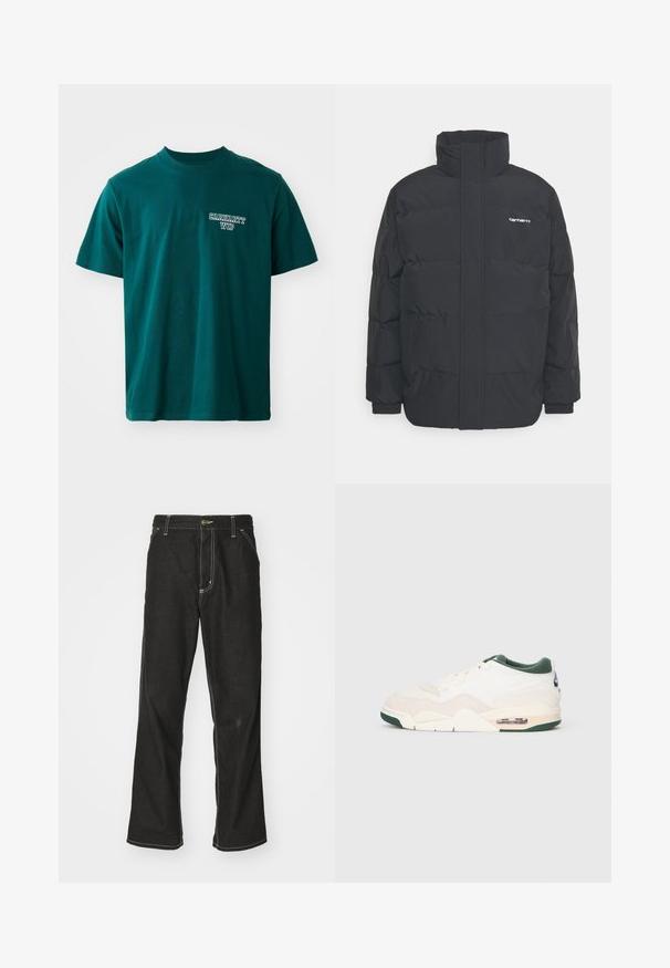 Sort pufferjakke med høj krave, lynlås foran og elastiske manchetter. Har en lomme og et lille logo på brystet. Tekstureret overflade.; Teal bomulds T-shirt med korte ærmer og rund hals. Inkluderer hvidt "Carhartt WIP" logo på venstre bryst. Simpelt design, lige snit.; Sorte denimjeans med løs pasform, der har kontrasterende hvid syning, en knaplukning og et lige ben-design.; Sneaker med en lys beige overdel i ruskind og mesh, grønne accenter og en synlig luftdæmpning enhed på hælen. Flad snørebåndslukning.