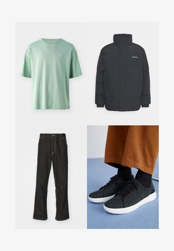 Musta puhvijaakku korkealla kauluksella, vetoketjukiinnitys edessä ja joustavat hihansuut. Varustettu taskulla ja pienellä logolla rintakehässä. Rakeinen pinta.; Vaaleanvihreä lyhythihainen t-paita, joka on valmistettu puuvillasta. Siinä on pyöreä pääntie ja pieni logo rinnassa. Pehmeä rakenne ja rento istuvuus.; Mustat farkut, joissa on löysä istuvuus, erottuva valkoinen ompelu, nappikiinnitys ja suora lahje.; Musta mokkanahkakengät valkoisilla kumipohjilla, joissa on nauhakiinnitys, teksturoituja yksityiskohtia ja huomaamatonta brändäystä, yhdistettynä ruskeisiin housuihin.