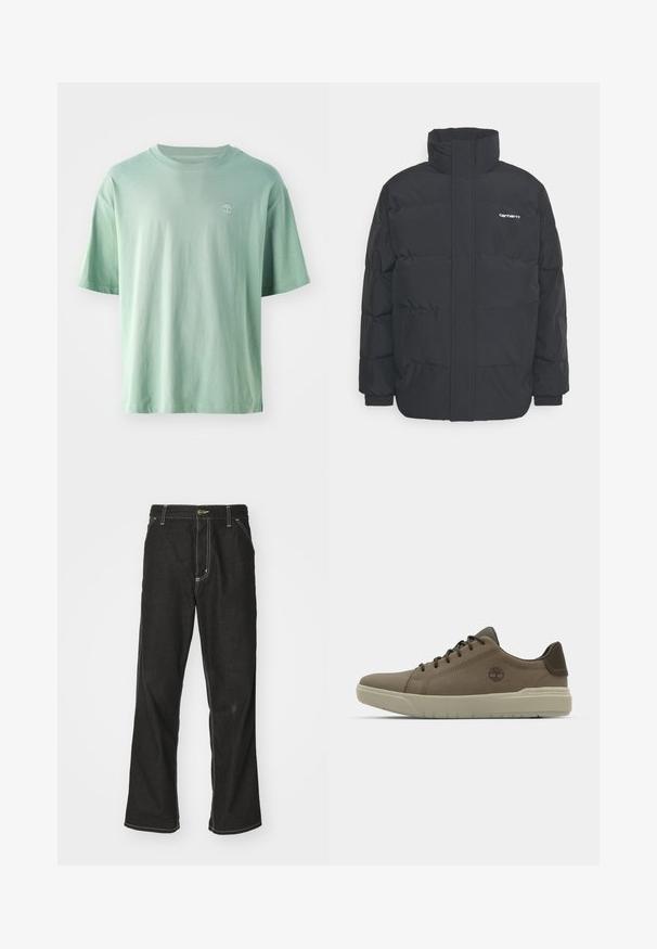 Črna puhasta jakna z visokim ovratnikom, z zadrgo spredaj in elastičnimi manšetami. Ima žep in majhen logotip na prsih. Teksturirana površina.; Svjetlo zelena kratka majica s kratkim rukavima od pamuka. Ima okrugli izrez i mali logo na prsima. Mekana tekstura i opušteni kroj.; Črne jeans hlače ohlapenega kroja, ki imajo kontrastno belo šivanje, zapiranje na gumb in ravno nogavico.; Rjave usnjene superge z nizkim profilom, gumijastim podplatom in zelenimi detajli; vključujejo logo na strani in teksturirane plošče za boljši oprijem.