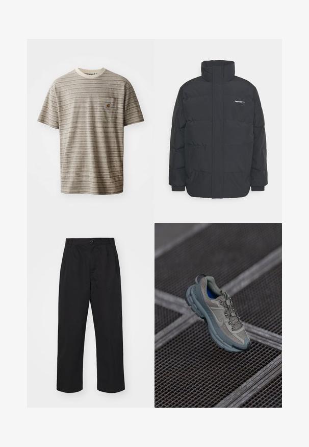 Schwarze Daunenjacke mit hohem Kragen, Reißverschluss vorne und elastischen Bündchen. Verfügt über eine Tasche und ein kleines Logo auf der Brust. Strukturiert Oberfläche.; Beige und braun gestreiftes T-Shirt mit kurzen Ärmeln, Rundhalsausschnitt und einer Brusttasche mit Logo-Patch. Strukturierter Stoff.; Schwarze Baumwollhose mit geradem Schnitt, ausgestattet mit einem Knopfverschluss, zwei vorderen Taschen und einer glatten Textur.; Beige und graue Sportschuhe mit strukturiertem Mesh-Obermaterial, runder Zehenkappe und Gummisohle, ausgestattet mit Schnürsenkeln und einem gepolsterten Schaft.