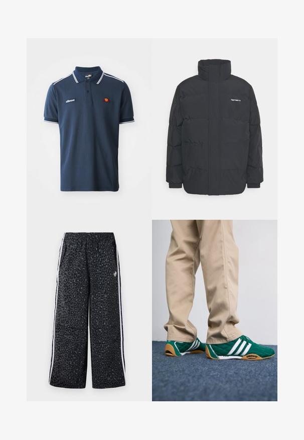 Juodas pūkinis švarkas su aukšta apykakle, užtrauktuku priekyje ir elastingomis rankovėmis. Yra kišenė ir mažas logotipas ant krūtinės. Tekstūruotas paviršius.; Tamsiai mėlynas polo marškinėliai, pagaminti iš minkštos medvilnės, su baltais juostelėmis ant apykaklės ir rankovių, ir išsiuvinėtu logotipu ant krūtinės.; adidas Originals GRAPHIC UNISEX - Treningo apatinė dalis - black; Žalios siūtos sportbačiai su baltais dryžiais ir rudomis guminėmis padais, derinami su smėlio spalvos kelnėmis. Dizainas pasižymi žemu profiliu ir tekstūruota medžiaga.
