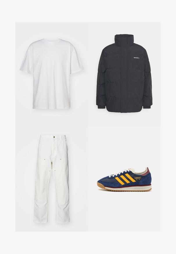 Black puffer jacket with a high collar, zip front, and elastic cuffs. Features a pocket and a small logo on the chest. Textured surface.; Carhartt WIP DUSTER SCRIPT - Basic T-shirt - white; White cotton cargo pants with a relaxed fit. Features include front pockets, gold hardware accents, and reinforced knee sections.; Navy suede sneaker with yellow stripes, white laces, and burgundy accents. Textured sole with grooves for traction. Brand logo on side.