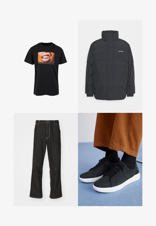 Mustam varrukas jope kõrge kaelusega, vipptõmblusega ja elastsete mansettidega. Omaduseks on tasku ja väike logo rinnal. Tekstuuritud pind.; Must värviline taustiga must puuvillane T-särk, millel on avatud suu graafika, kuldsete hammaste ja roosade huultega, ning allpool valged tähed.; Mustadest denimist püksid, lahtise lõikega, kontrastsete valgete õmblustega, nööbiga kinnitamine ja sirge säär.; Mustad suede spordijalatsid valge kummitaldaga, millel on paeltega kinnitamine, tekstuuriga aktsendid ja tagasihoidlik bränding, koos pruuni pükstega.