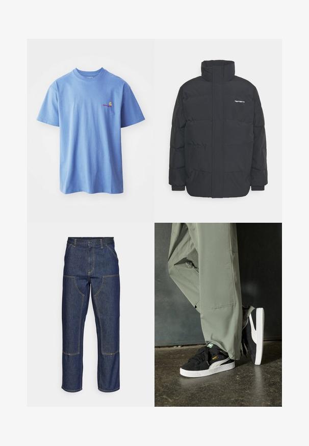 Fekete puffKabát magas nyakkal, cipzáros előlappal és rugalmas mandzsettával. Tartalmaz egy zsebet és egy kis logót a mellkason. Texturált felület.; Világoskék pamut póló rövid ujjakkal és kerek nyakkivágással. Bal mellen egy kis narancssárga és piros logó található.; Sötétkék farmernadrág, magas derekú, egyenes szárú dizájnnal, kontrasztos varrással és elülső zsebekkel.; Fekete velúr sportcipők fehér gumitalppal és oldalsávokkal, világos zöld cargo nadrággal párosítva, egy textúrált sötét felületen állva.