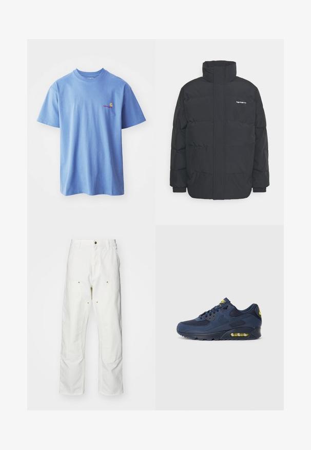 Jachetă puf black cu un guler înalt, închidere cu fermoar frontal și manșete elastice. Are un buzunar și un mic logo pe piept. Suprafață texturată.; Tricou din bumbac de culoare albastru deschis, cu mâneci scurte și decolteu rotund. Prezintă un mic logo portocaliu și roșu în zona stângă a pieptului.; Pantaloni cargo din bumbac alb, cu o croială lejeră. Caracteristicile includ buzunare frontale, accesorii din metal aurit și secțiuni întărite la genunchi.; Adidașii Nike Air Max de culoare bleu marin, cu un upper din suede și plasă, având accente galbene, sistem de șireturi în față și amortizare vizibilă în talpă.
