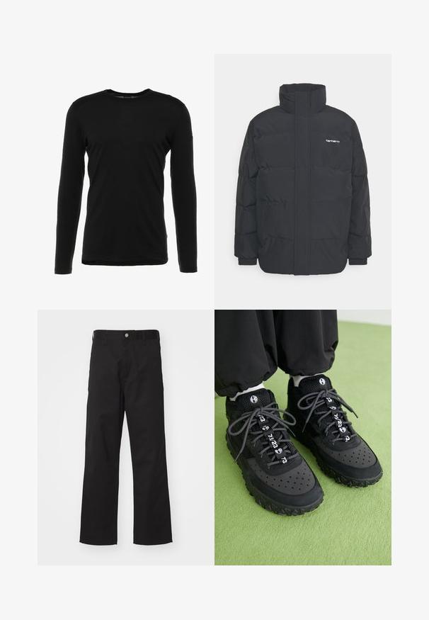 Black puffer jacket with a high collar, zip front, and elastic cuffs. Features a pocket and a small logo on the chest. Textured surface.; Black long-sleeve t-shirt made from soft fabric, featuring a round neck, simple design, and a straight hem with no visible patterns or embellishments.; Black trousers made of durable fabric with a straight fit, featuring a front button closure, belt loops, and no visible patterns or accents.; Black sneakers feature a mix of leather and mesh materials, a textured rubber sole, prominent perforations, and patterned laces with numerical accents.