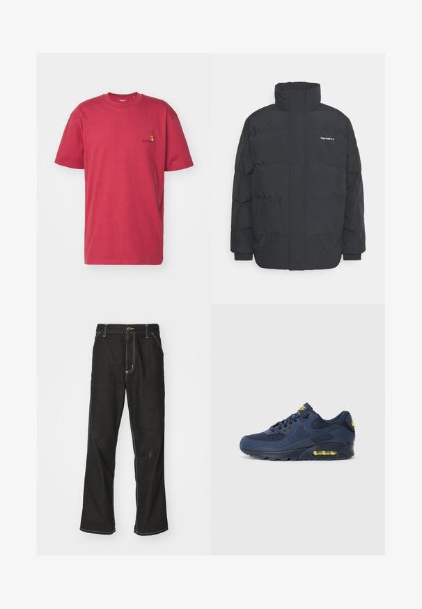 Mustam varrukas jope kõrge kaelusega, vipptõmblusega ja elastsete mansettidega. Omaduseks on tasku ja väike logo rinnal. Tekstuuritud pind.; Carhartt WIP AMERICAN SCRIPT - Lihtne T-särk - tuscany; Mustadest denimist püksid, lahtise lõikega, kontrastsete valgete õmblustega, nööbiga kinnitamine ja sirge säär.; Tumed sinine Nike Air Max tossud, mille ülemine osa on valmistatud sametist ja võrkmaterjalist, kollaste aktsentidega, nööriga kinnitatav ja nähtava õhupadjaga tallas.
