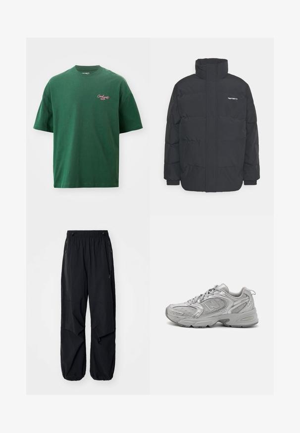 Black puffer jacket with a high collar, zip front, and elastic cuffs. Features a pocket and a small logo on the chest. Textured surface.; Green short-sleeve t-shirt made of cotton. Features a round neckline and small pink "Carhartt WIP" logo on the left chest.; Black lightweight cargo pants with an elastic waistband, side zippers, and spacious pockets. Features a loose fit and tapered cuffs.; Silver athletic shoe with a sleek design, mesh panels, padded tongue, textured synthetic upper, and rubber outsole for traction.