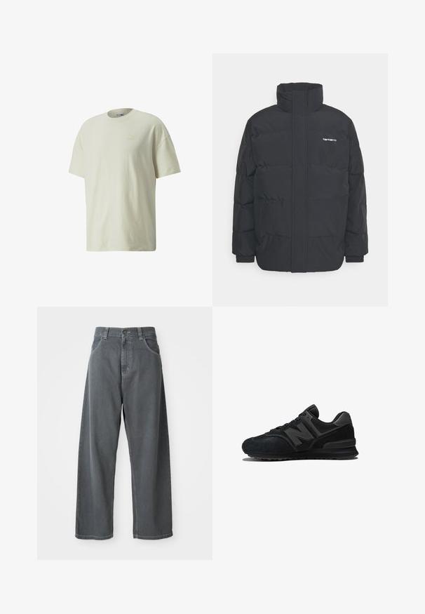 Zwarte pufferjas met een hoge kraag, rits aan de voorkant en elastische manchetten. Bevat een zak en een klein logo op de borst. Getextureerd oppervlak.; Crème-kleurig katoenen t-shirt met een klassieke ronde halslijn, korte mouwen en een subtiele Puma-logo in een lichtere tint op de borst.; Grijze denim wijde broek met een hoge taille, voorzien van zijzakken, riemlussen en een knoopsluiting bij de taille.; Zwarte sneaker met een bovenwerk van suede en mesh, een dikke zool en een opvallend 'N'-logo op de zijkant. Heeft een gestructureerd ontwerp met veter sluiting.