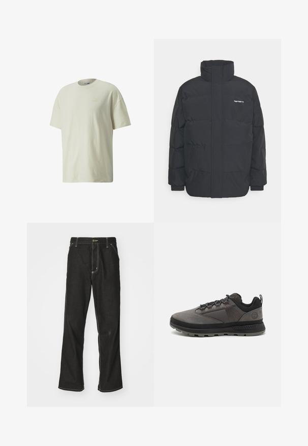 Crna puffer jakna s visokim ovratnikom, prednjim zatvaračem i elastičnim manžetama. Ima džep i mali logo na prsima. Teksturalna površina.; Majica od pamučne tkanine u krem boji s klasičnim okruglim izrezom, kratkim rukavima i suptilnim Puma logotipom u svjetlijoj nijansi na prsima.; Crne traperice s opuštenim krojem, s kontrastnim bijelim šavovima, zakovicom za zatvaranje i ravnim nogavicama.; Crne i sive vanjske cipele napravljene od kože i mrežastog materijala, s podstavljenim izrezom, teksturiranom potplatom i pojačanim vrhom za izdržljivost.