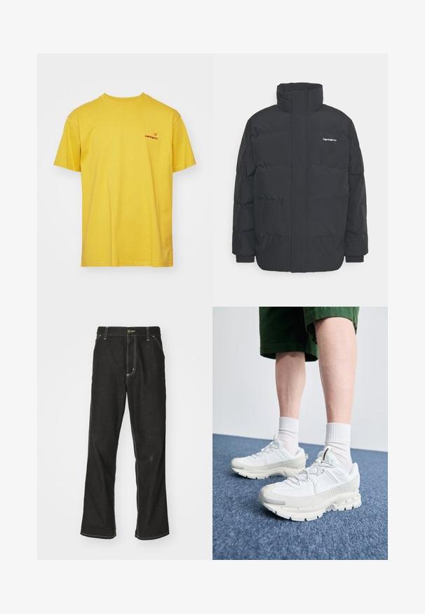 Zwarte pufferjas met een hoge kraag, rits aan de voorkant en elastische manchetten. Bevat een zak en een klein logo op de borst. Getextureerd oppervlak.; Geel katoenen T-shirt met korte mouwen, ronde hals en een klein rood logo op de linkerkant van de borst. Soepele textuur, casual ontwerp.; Zwarte denim jeans met een losse pasvorm, voorzien van contrasterende witte stiksels, een knoopsluiting en een recht ontwerp.; Witte sportieve schoenen met textuuroverlays, een dikke zool en grijze accenten. Draag ze met witte crew-sokken en groene shorts op een blauwe ondergrond.