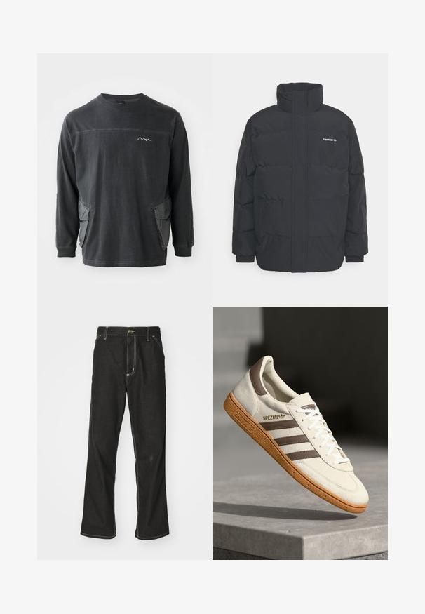 Schwarze Daunenjacke mit hohem Kragen, Reißverschluss vorne und elastischen Bündchen. Verfügt über eine Tasche und ein kleines Logo auf der Brust. Strukturiert Oberfläche.; Schwarzes Langarmshirt mit Rundhalsausschnitt. Verfügt über zwei seitliche Taschen und eine Berggrafik auf der Brust. Aus weichem Baumwollmaterial gefertigt.; Schwarze Denim-Jeans mit lockerer Passform, kontrastierenden weißen Nähten, einem Knopfverschluss und geradem Bein.; Weiße Wildleder-Sneaker mit braunen Lederakzenten, drei braunen Streifen und weißen Schnürsenkeln. Verfügt über eine strukturierte Gummisohle und ein goldenes "SPEZIAL"-Logo.