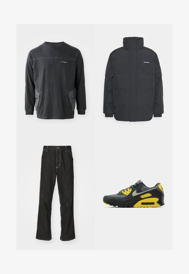 Sort pufferjakke med høj krave, lynlås foran og elastiske manchetter. Har en lomme og et lille logo på brystet. Tekstureret overflade.; Sort langærmet skjorte med rund hals. Har to sidelommer og et bjergmotiv på brystet. Fremstillet af blødt bomuldsstof.; Sorte denimjeans med løs pasform, der har kontrasterende hvid syning, en knaplukning og et lige ben-design.; Grå og gul Nike Air Max 90 sneaker vist på en hvid baggrund, der viser dens design og farvekontraster.