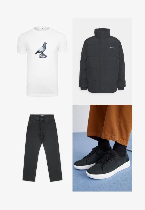 Mustam varrukas jope kõrge kaelusega, vipptõmblusega ja elastsete mansettidega. Omaduseks on tasku ja väike logo rinnal. Tekstuuritud pind.; Valge puuvillane T-särk, millel on graafika, kus tuvi seisab kahe paari sneakerite peal, lind on detailse värvide ja varjunditega.; Mustad denim püksid kõrge taljega, sirge lõike ja peene tekstuuriga viimistlusega. Omavad standardset viit taskut ja ees olevat nööp-sulgurit.; Mustad suede spordijalatsid valge kummitaldaga, millel on paeltega kinnitamine, tekstuuriga aktsendid ja tagasihoidlik bränding, koos pruuni pükstega.
