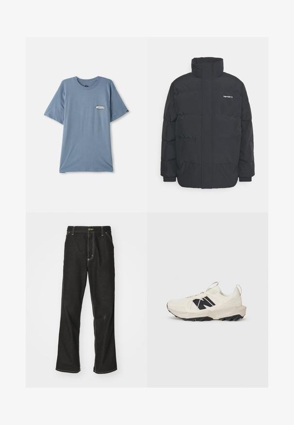 Casaco acolchoado preto com colarinho alto, fecho de correr à frente e punhos elásticos. Apresenta um bolso e um pequeno logótipo no peito. Superfície texturada.; T-shirt de algodão azul com mangas curtas, decote redondo e uma pequena impressão do logótipo na área do peito esquerdo. Textura suave, corte descontraído.; Calças de ganga pretas de corte largo, com costuras brancas em contraste, fecho de botão e design de perna reta.; Sapatilha bege claro com parte superior em malha, logotipo preto e sola texturizada. Acentuada com um padrão geométrico na entressola.