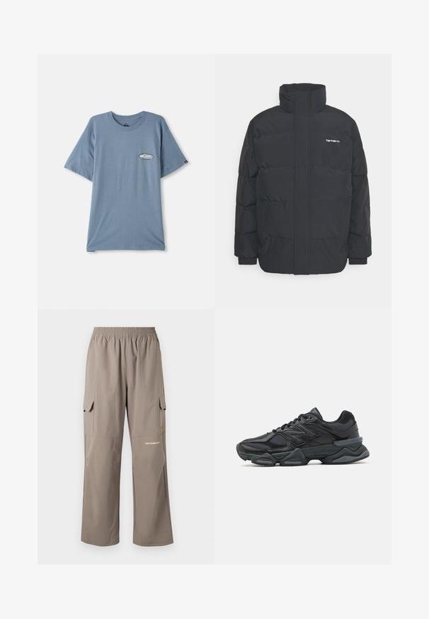 Crna puffer jakna s visokim ovratnikom, prednjim zatvaračem i elastičnim manžetama. Ima džep i mali logo na prsima. Teksturalna površina.; Plava pamučna majica s kratkim rukavima, okruglim izrezom i malim logotipom otisnutim na lijevoj strani prsnog područja. Mekana tekstura, opušteni kroj.; Cargo hlače izrađene od lagane tkanine, u taupe boji, s elastiniranim pojasom, bočnim džepovima i suptilnim logotipom brenda.; Crne trkačke tenisice izrađene od kombinacije mrežastih i sintetičkih materijala, s debelim potplatom, zakrivljenim dizajnom i istaknutim brendom sa strane.