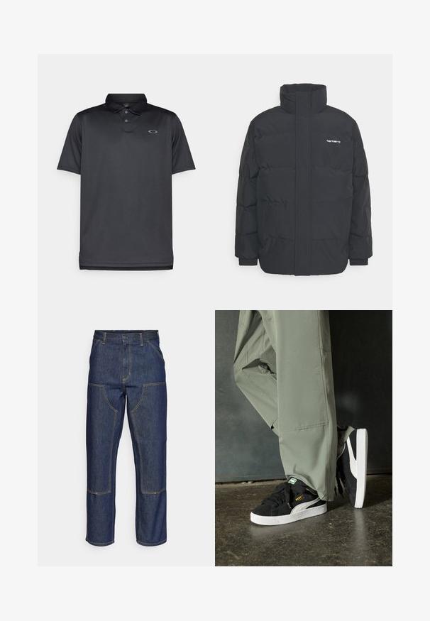 Černá zimní bunda s vysokým límcem, zipem vpředu a elastickými manžetami. Má kapsu a malé logo na hrudi. Texturovaný povrch.; Černé polo triko z hladké látky, s límečkem, třemi knoflíky, krátkými rukávy a malým šedým logem na levé straně hrudi.; Tmavě modré džíny s vysokým pasem, rovnými nohavicemi, kontrastním šitím a nášivkami na přední straně.; Černé semišové tenisky s bílými gumovými podrážkami a bočními pruhy, spárované se světle zelenými cargo kalhotami, stojící na texturovaném tmavém povrchu.