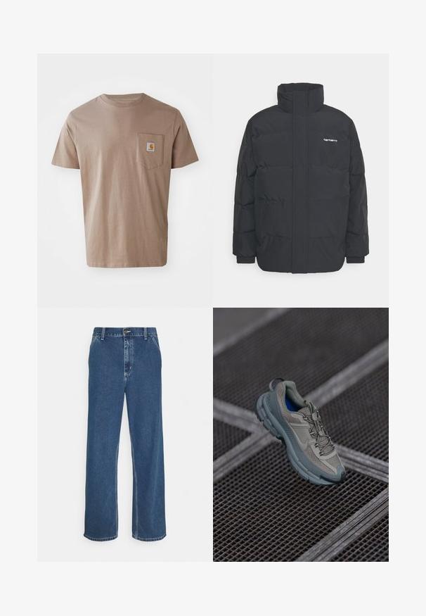 Juodas pūkinis švarkas su aukšta apykakle, užtrauktuku priekyje ir elastingomis rankovėmis. Yra kišenė ir mažas logotipas ant krūtinės. Tekstūruotas paviršius.; Rudas medvilninis marškinėliai su trumpomis rankovėmis, turintys krūtinės kišenę ir logotipo pleistrą. Lygus audinys, standartinė apvalios iškirptės forma, laisvas fasonas.; Mėlyni džinsai su tiesiu kirpimu, penkių kišenių dizainu, metaliniu sagatavu uždarymu ir matomomis siūlėmis palei siūles ir kraštus.; Bežiniai ir pilki sportiniai bateliai su tekstūruotu tinkliniu viršumi, apvaliu pirštu ir guminiais padais, turi raištelius ir paminkštintą apykaklę.