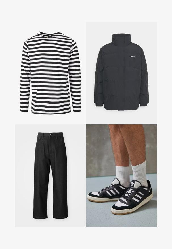 Fekete puffKabát magas nyakkal, cipzáros előlappal és rugalmas mandzsettával. Tartalmaz egy zsebet és egy kis logót a mellkason. Texturált felület.; Fekete-fehér, hosszú ujjú csíkozott póló, kerek nyakkivágással, puha anyagból készült, egységes szélességű vízszintes csíkokkal.; Fekete farmernadrág laza szabással, magas derékkal, cipzáras záródással és öt zsebes kialakítással. Látható varrással kiemeltek az egész pantalon.; Fekete-fehér tornacipők velúr és bőr felsőrésszel, három fehér csíkkal, perforált orral és gumi talppal.