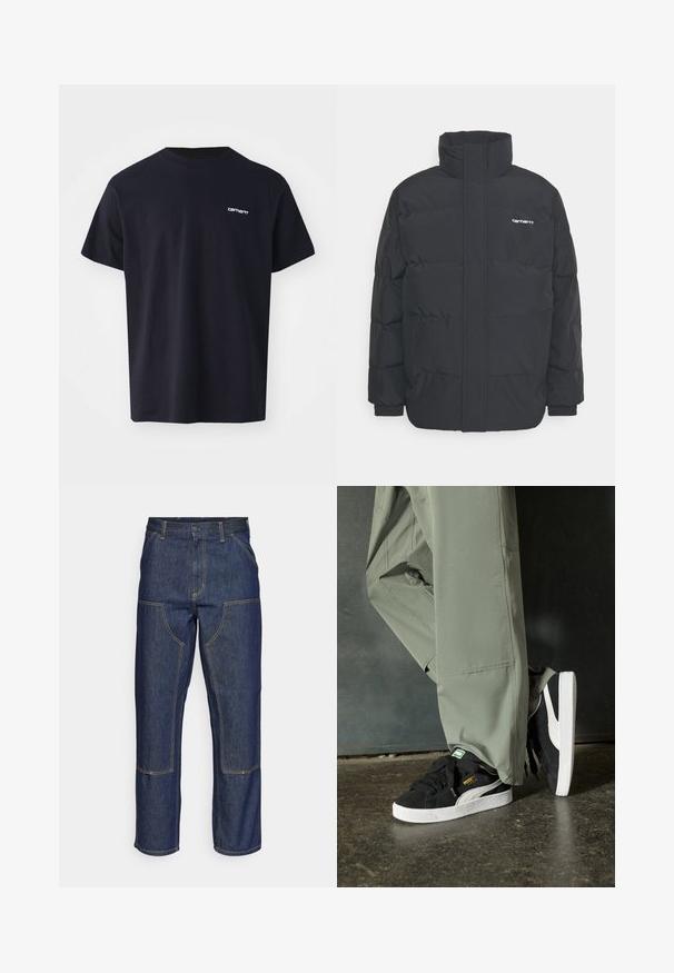 Černá zimní bunda s vysokým límcem, zipem vpředu a elastickými manžetami. Má kapsu a malé logo na hrudi. Texturovaný povrch.; Černé bavlněné tričko s krátkým rukávem, kulatým výstřihem a jemným bílým logem na levé části hrudi. Hladká textura, standardní střih.; Tmavě modré džíny s vysokým pasem, rovnými nohavicemi, kontrastním šitím a nášivkami na přední straně.; Černé semišové tenisky s bílými gumovými podrážkami a bočními pruhy, spárované se světle zelenými cargo kalhotami, stojící na texturovaném tmavém povrchu.