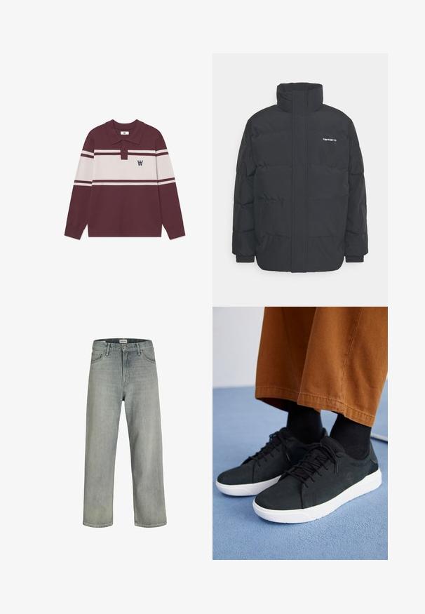 Czarna kurtka puchowa z wysoką kołnierzem, zamkiem z przodu i elastycznymi mankietami. Posiada kieszeń oraz małe logo na piersi. Teksturowana powierzchnia.; Burgundowa koszula polo z długim rękawem, z białymi poziomymi paskami, dwoma guzikami oraz czarnym logo "W" na lewej piersi.; Jasnoszare, luźne dżinsy wykonane z denimu. Posiadają klasyczny pięcio-kieszeniowy krój, szlufki na pasek oraz prostą nogawkę.; Czarne zamszowe trampki z białymi gumowymi podeszwami, z wiązaniem, teksturowanymi akcentami i subtelnym logo, w połączeniu z brązowymi spodniami.