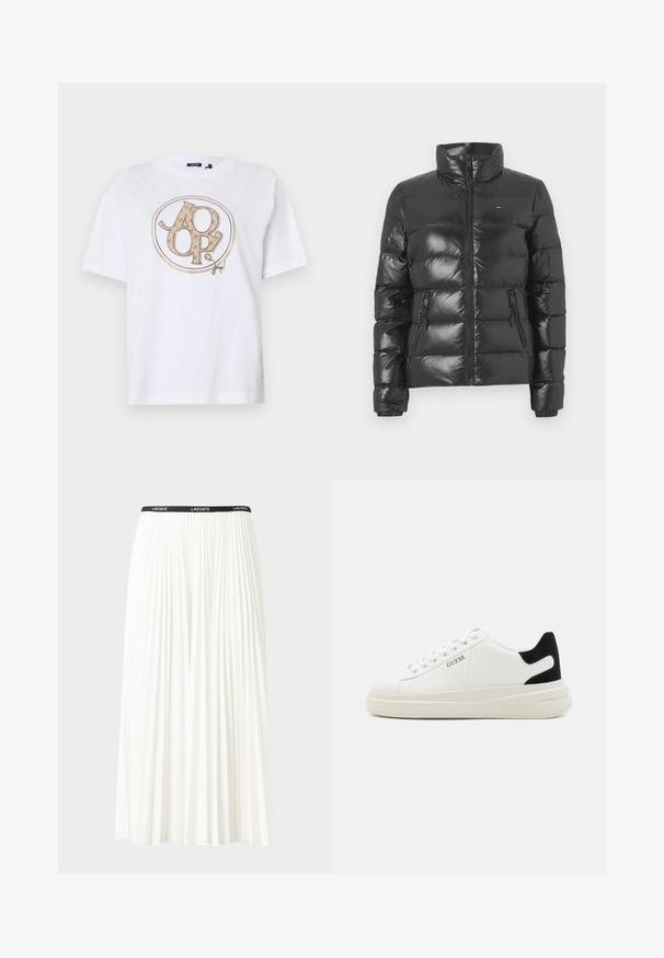 Black puffer jacket featuring a high collar, glossy finish, zippered front, and two side pockets with elastic cuffs.; White short-sleeve t-shirt featuring a round logo design with light brown accents. Made of cotton fabric with a relaxed fit.; Pleated white skirt with a black elastic waistband featuring the "LACOSTE" logo. Mid-length design with soft texture.; White leather sneakers with a thick white sole, black suede heel accent, and embossed logo on the side. Laced design with six eyelets.