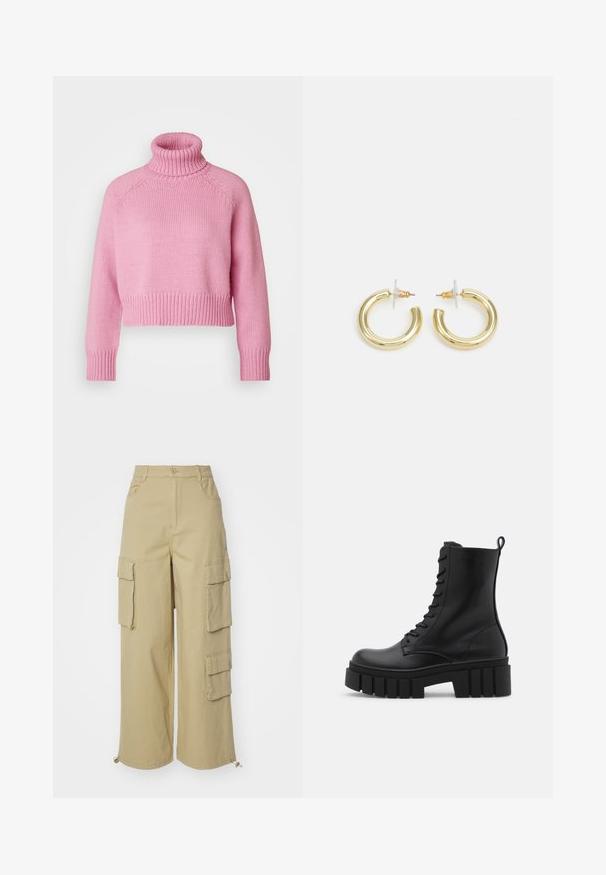 Dvoredni plašč iz teksturiranega rožnatega blaga z zareznim ovratnikom, s štirimi črnimi gumbi in dolgimi rokavi za dodatno toploto.; Vero Moda Petite VMMIRANDA - Pulover - fuchsia pink; Bež hlače cargo z širokimi nogami, dvema velikima stranskima žepoma, sprednjima žepoma in detajlom s ponjavico na robu. Mešanica bombaža.; Črne usnjene gležnjarje z debelim, rebrastim podplatom, vezanjem na sprednji strani in zanka za vlečenje na gladki beli podlagi.; Zlate uhane v obliki obročkov z gladko, sijočo površino. Krožna zasnova s majhnim nosilcem in prozornim podplatom za varno nošenje.