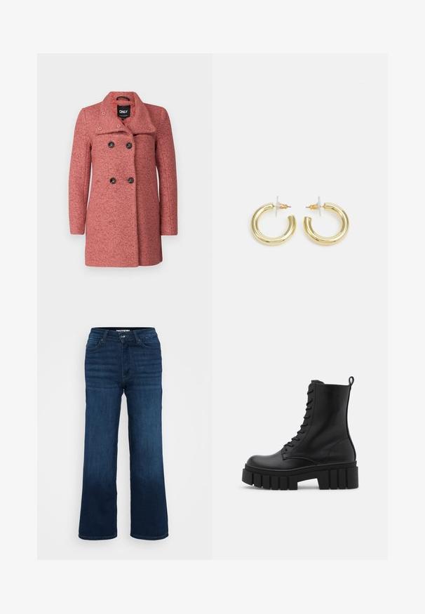 Divkāršs mētelis no faktūras rozā auduma ar iegriezuma apkakli, piedāvā četras melnas pogas un garas piedurknes papildu siltumam.; Even&Odd Petite 2 PACK - Tops - light grey/black; ONLY Petite ONLMADISON BLUSH WIDE - Džinsi ar platām starām - dark blue denim; Melnas ādas potītes zābaki ar masīvu, rievojumu zoli, auklu aizdari un vilces cilpu uz gludas baltas fona.; Zelta auskari ar gludu, spīdīgu apdari. Apaļš dizains, kas ietver mazu tapu un caurspīdīgu pamatni drošai valkāšanai.