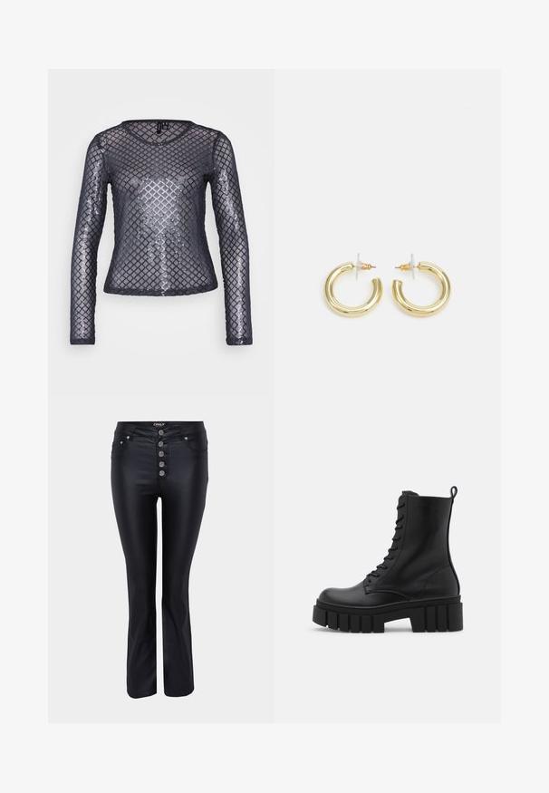 Divkāršs mētelis no faktūras rozā auduma ar iegriezuma apkakli, piedāvā četras melnas pogas un garas piedurknes papildu siltumam.; Ilgi piedurkņu tops, kas izgatavots no caurspīdīga melna tīkla auduma ar dimanta formas sekvīnu rakstu. Iezīmē apaļu kakla izgriezumu un pieguļošu siluetu.; Melni izplūduši džinsi ar elegantu dizainu, izgatavoti no gludas auduma. Iekļauj piecus sudraba pogu aizdare un kabatas priekšpusē.; Melnas ādas potītes zābaki ar masīvu, rievojumu zoli, auklu aizdari un vilces cilpu uz gludas baltas fona.; Zelta auskari ar gludu, spīdīgu apdari. Apaļš dizains, kas ietver mazu tapu un caurspīdīgu pamatni drošai valkāšanai.
