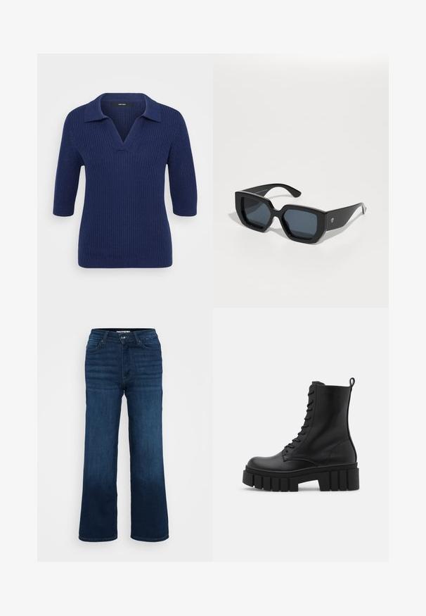 Topelt nööpidega mantel tekstuuriga roosas kangas, millel on sakiline krae, neli musta nuppu ja pikad varrukad lisasoojustamiseks.; Tume sinine kudumist sall, millel on V-kaelus ja lühikesed varrukad, kontrastsete krae ja tekstuurse sooniku mustriga.; ONLY Petite ONLMADISON BLUSH WIDE - Wide leg - dark blue denim; Must mustaanklid mustast nahast, paksu ja soonilise tallaga, sidumisena esiotsaga ja tõmbevahega, suvalisel valgel taustal.; Mustad ümmargused prillid, millel on geomeetriline disain, ristküliku kuju läätsed ja läikiv viimistlus. Ees pole nähtavat brändingut.; Kuldne rõngassõrmused sileda ja läikiva viimistlusega. Ringikujuline disain, millel on väike post ja selge tagumine külg, et tagada kindel kandmine.