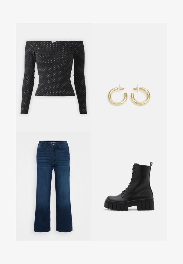 Topelt nööpidega mantel tekstuuriga roosas kangas, millel on sakiline krae, neli musta nuppu ja pikad varrukad lisasoojustamiseks.; Mustmust särg, millel on pikad varrukad, millel on valged täpid ja dekoratiivne helesinine lips taga. Valmistatud pehmest kangast.; ONLY Petite ONLMADISON BLUSH WIDE - Wide leg - dark blue denim; Must mustaanklid mustast nahast, paksu ja soonilise tallaga, sidumisena esiotsaga ja tõmbevahega, suvalisel valgel taustal.; Kuldne rõngassõrmused sileda ja läikiva viimistlusega. Ringikujuline disain, millel on väike post ja selge tagumine külg, et tagada kindel kandmine.