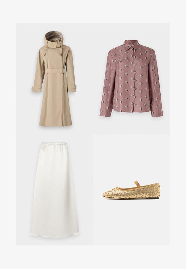 Beige trench coat with a high neck hood, cinched waist belt, and long sleeves with buttoned cuffs. Made from smooth, water-resistant fabric.; Button-up shirt in soft pink fabric featuring a geometric pattern of diamonds and triangles in muted gray and black. Long sleeves, classic collar.; White, ankle-length skirt made of a smooth, lightweight fabric with a gathered waistband and a subtle textured finish.; Loeffler Randall LEONIE SOFT BALLET FLAT - Ankle strap ballet pumps - gold