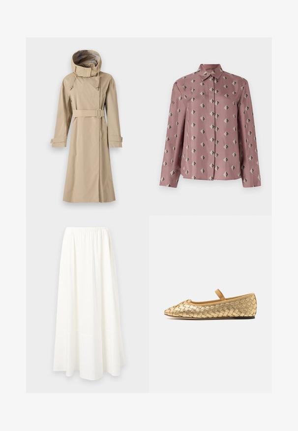 Manteau beige avec une capuche à col montant, une taille cintrée par une ceinture, et de longues manches avec des poignets boutonnés. Fabriqué en tissu lisse et résistant à l'eau.; Chemise boutonnée en tissu rose doux, ornée d'un motif géométrique de diamants et de triangles en gris doux et noir. Manches longues, col classique.; Jupe blanche, longueur cheville, fabriquée en tissu léger avec une taille élastiquée froncée et un ourlet évasé, présentant une texture lisse.; Loeffler Randall LEONIE SOFT BALLET FLAT - Babies - gold